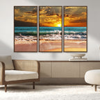 Golden Sunset Beach Canvas Wall Art | Triptych Seascape Print, Framed and Ready to Hang