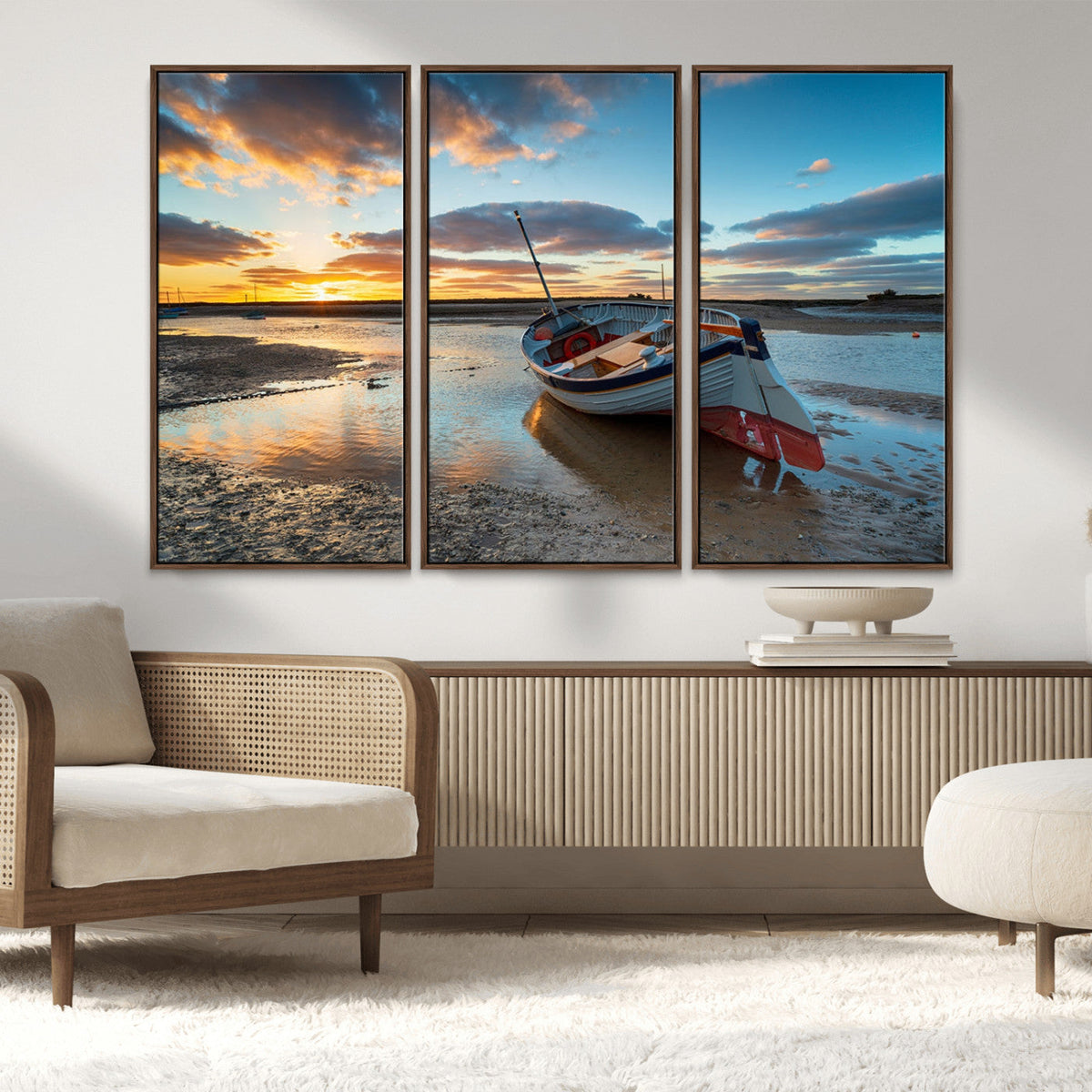 Small Boat At The Beach Sunset Wall Art, Boat Sunset Wall Art Canvas Print