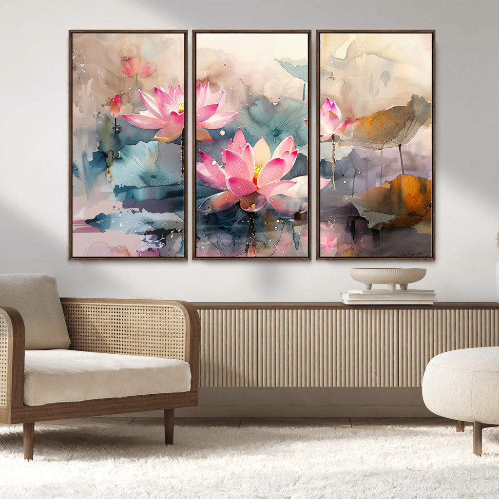 Lotus Flower Wall Art | 3 Panel Giclee Canvas Print of Pink Lotus Blossoms