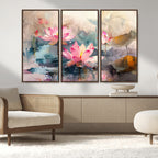 Lotus Flower Wall Art | 3 Panel Giclee Canvas Print of Pink Lotus Blossoms