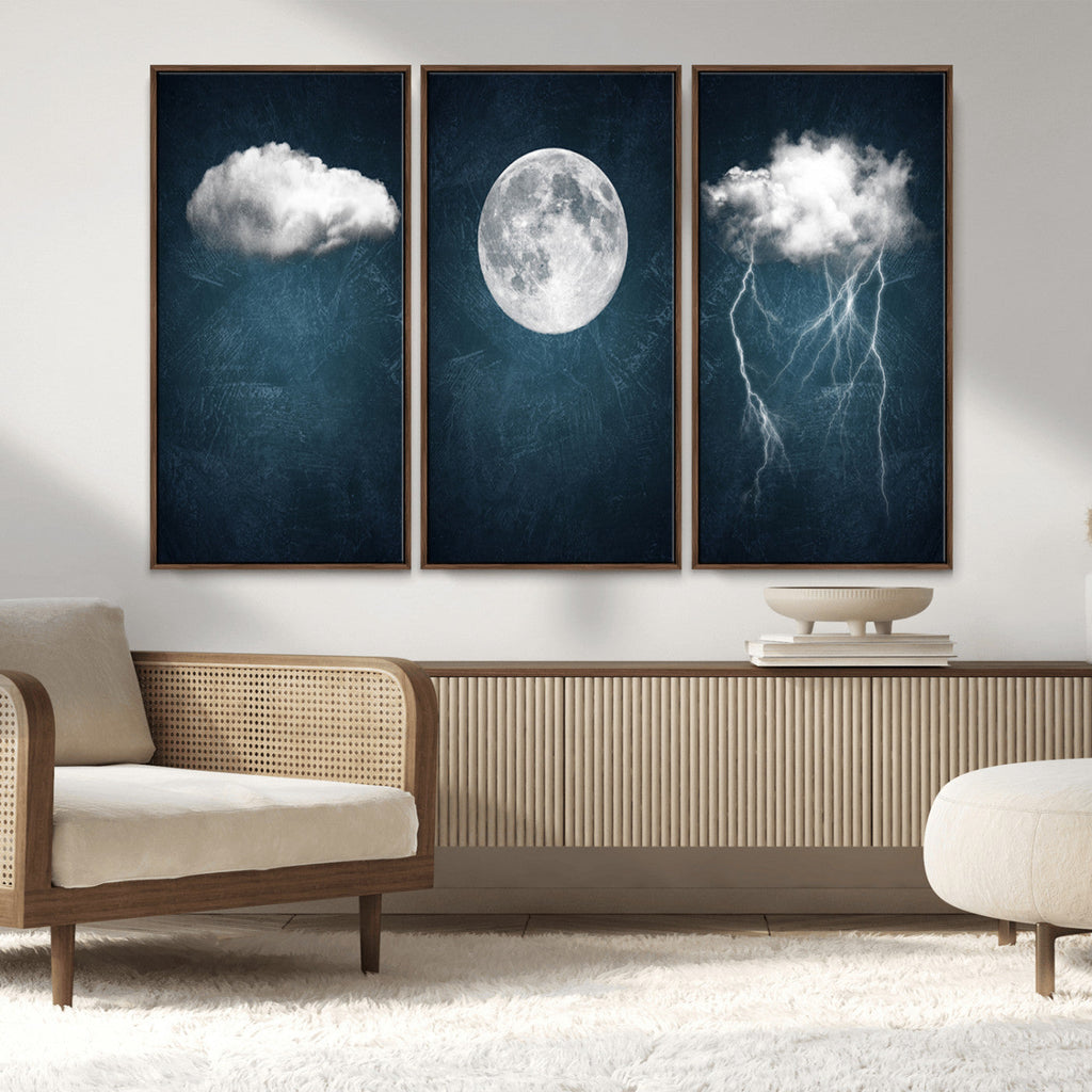 3 Piece Indigo Cloud Wall Art, Thunderstorm Moon Cloud Artwork