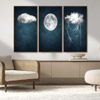 3 Piece Indigo Cloud Wall Art, Thunderstorm Moon Cloud Artwork
