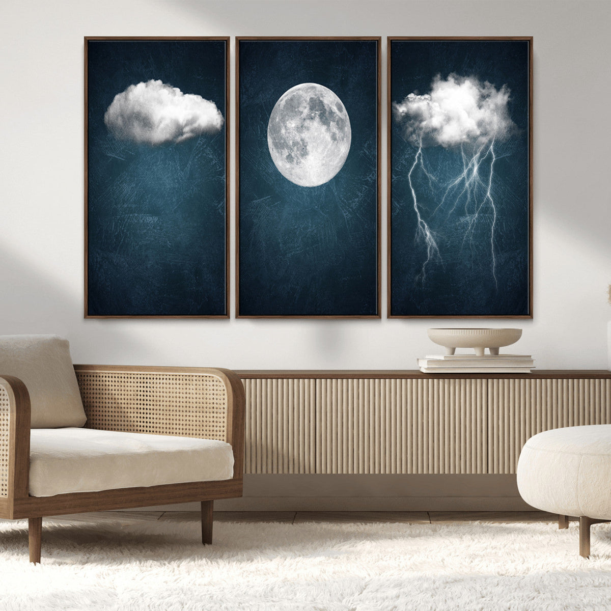 3 Piece Indigo Cloud Wall Art, Thunderstorm Moon Cloud Artwork