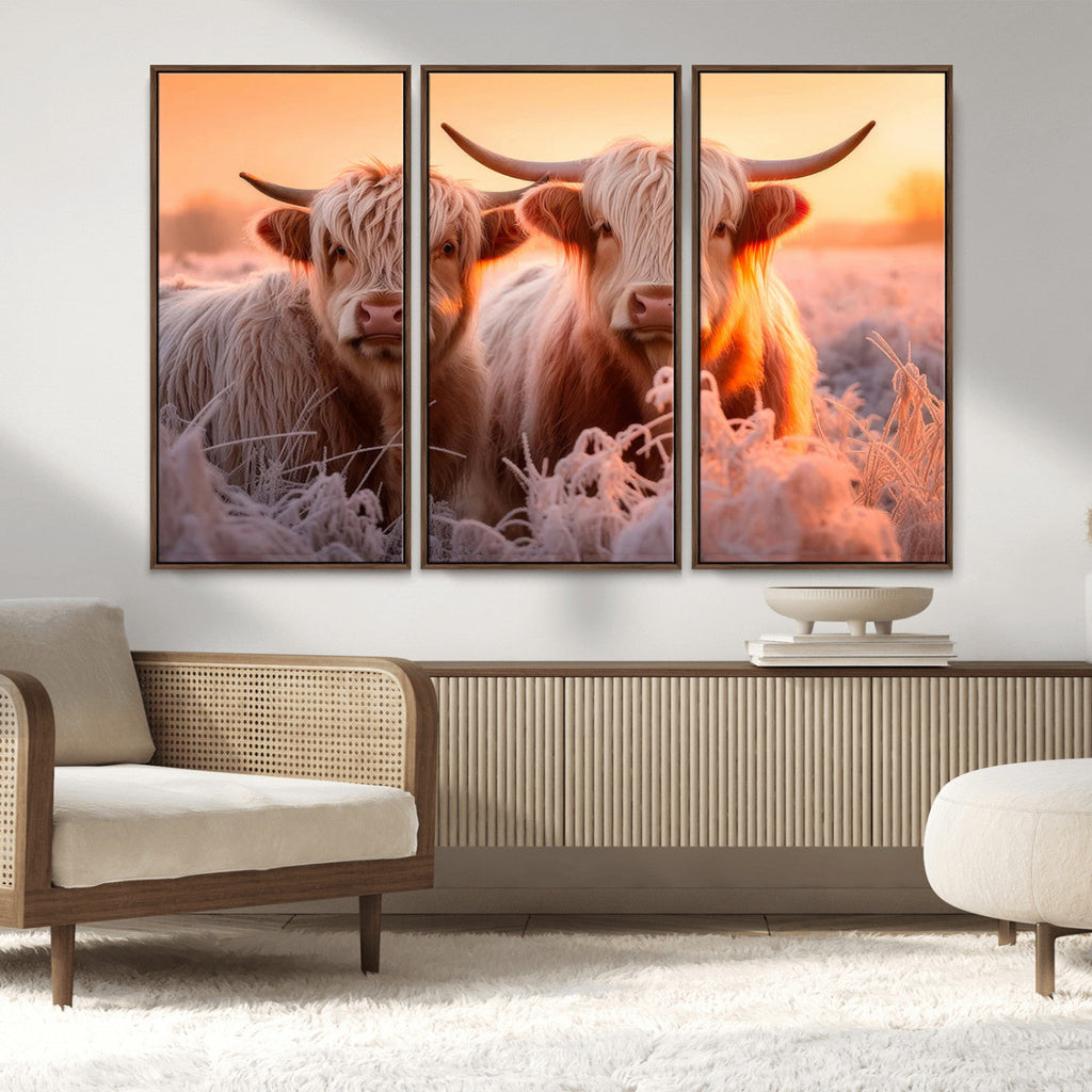 Highland Cows at Sunrise Wall Art Canvas Set