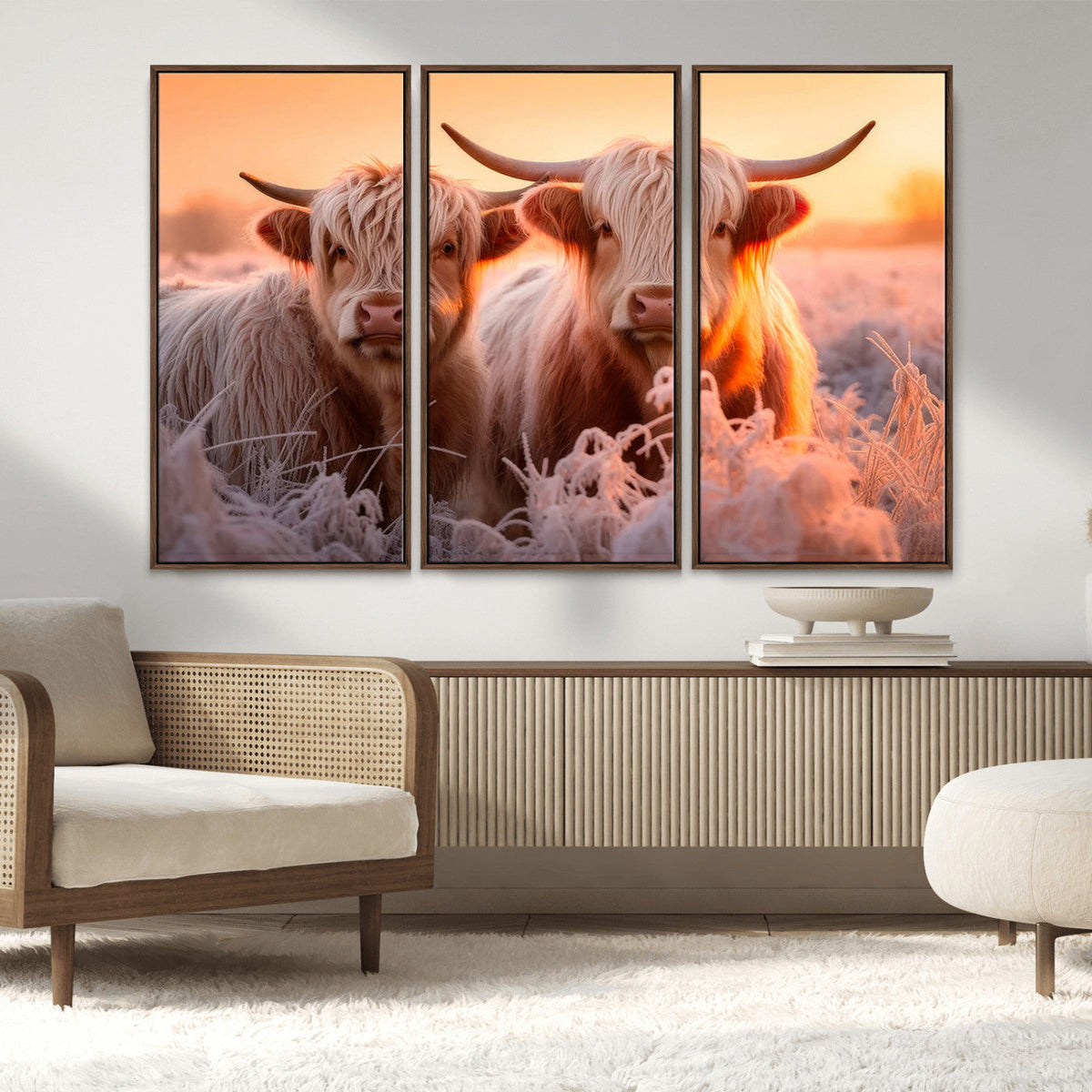 Highland Cows at Sunrise Wall Art Canvas Set
