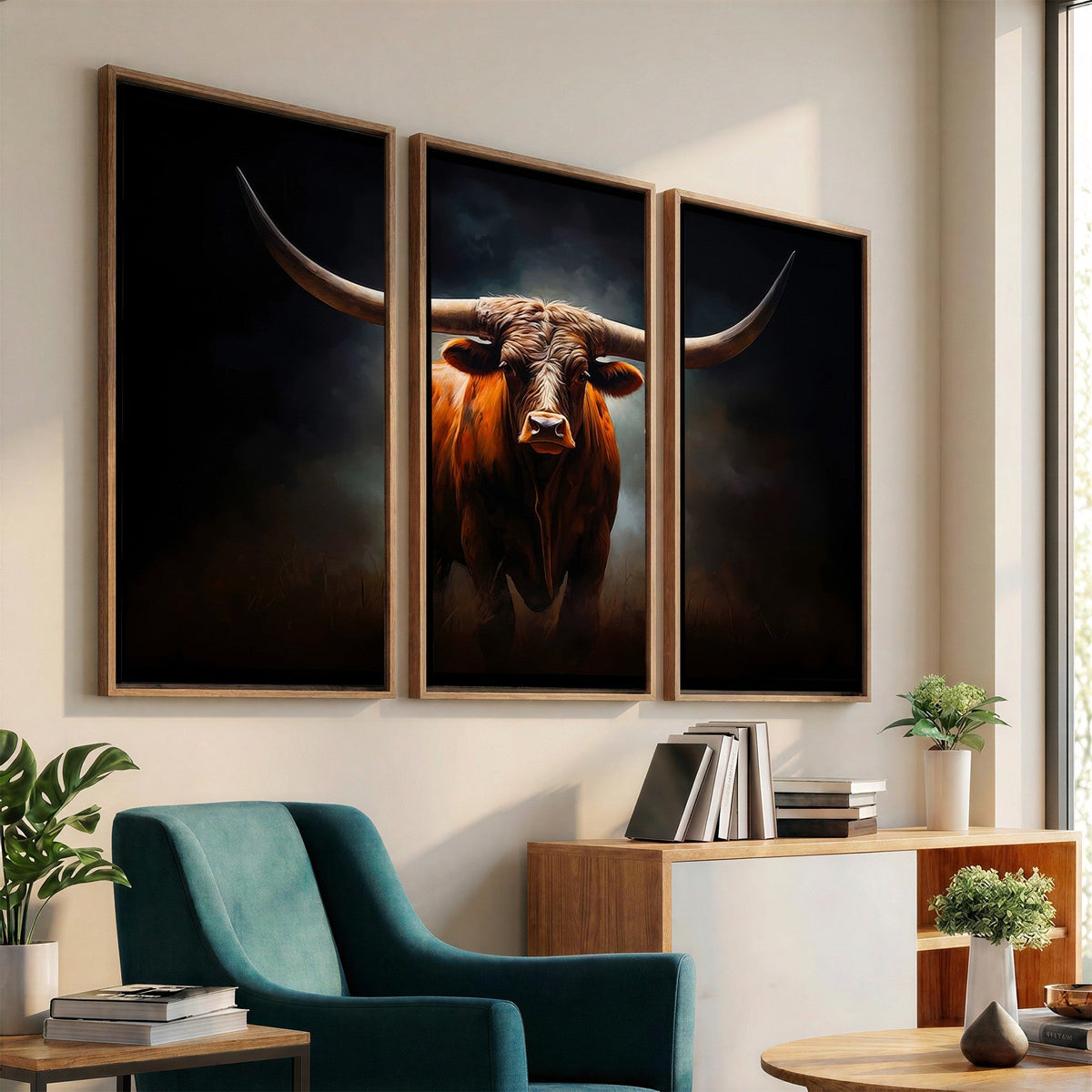 Abstract Texas Longhorn Wall Art Print | 3-Panel Large Texas Longhorn Canvas