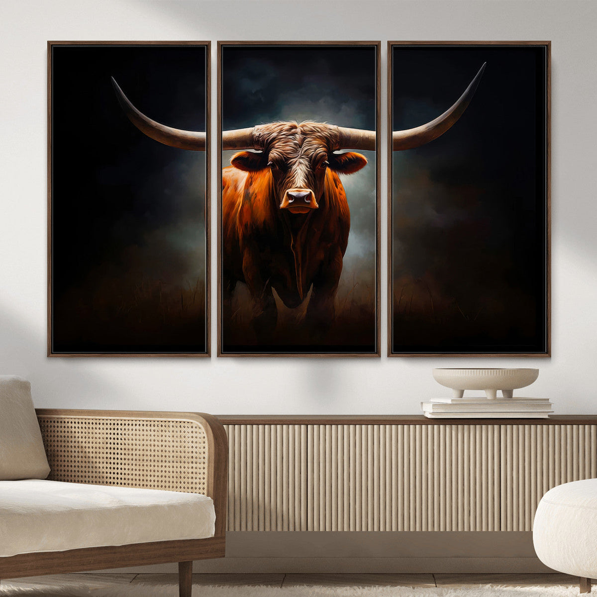 Abstract Texas Longhorn Wall Art Print | 3-Panel Large Texas Longhorn Canvas