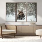 Grizzly Bear Wall Art | Framed Snowy Forest Canvas Artwork