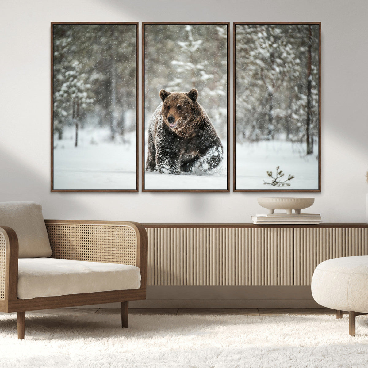 Grizzly Bear Wall Art | Framed Snowy Forest Canvas Artwork