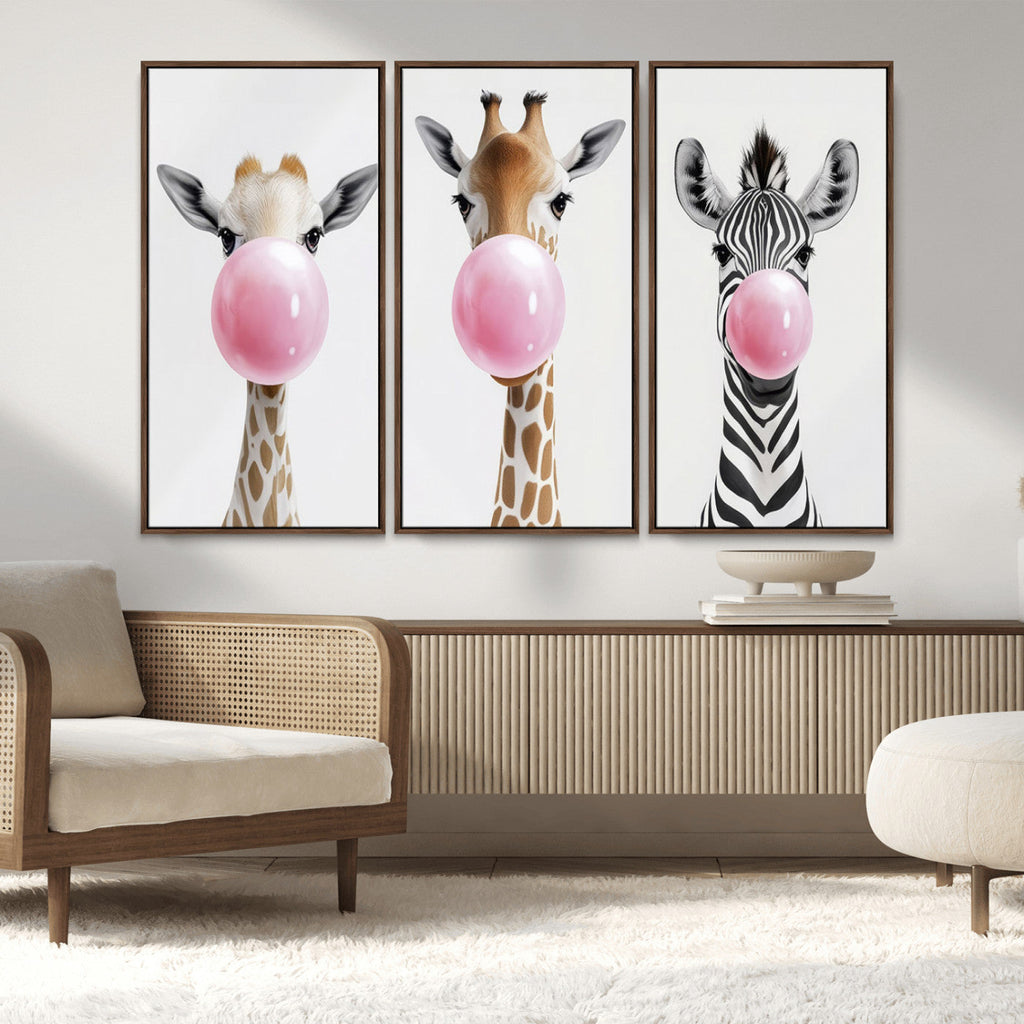 Bubblegum Animals Canvas Wall Art, Playful Giraffe and Zebra Trio, Whimsical Nursery and Kids Room Decor