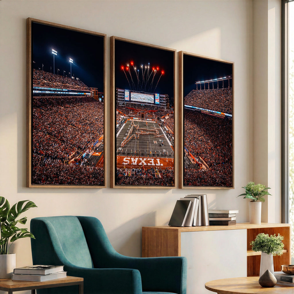 Texas Stadium Night Game Wall Art Canvas Print, Vibrant Football Fireworks Scene
