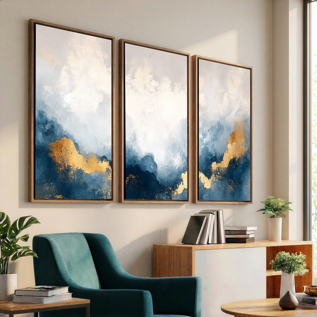 Abstract Blue and Gold Clouds Wall Art Canvas Print, Framed Modern Landscape Artwork
