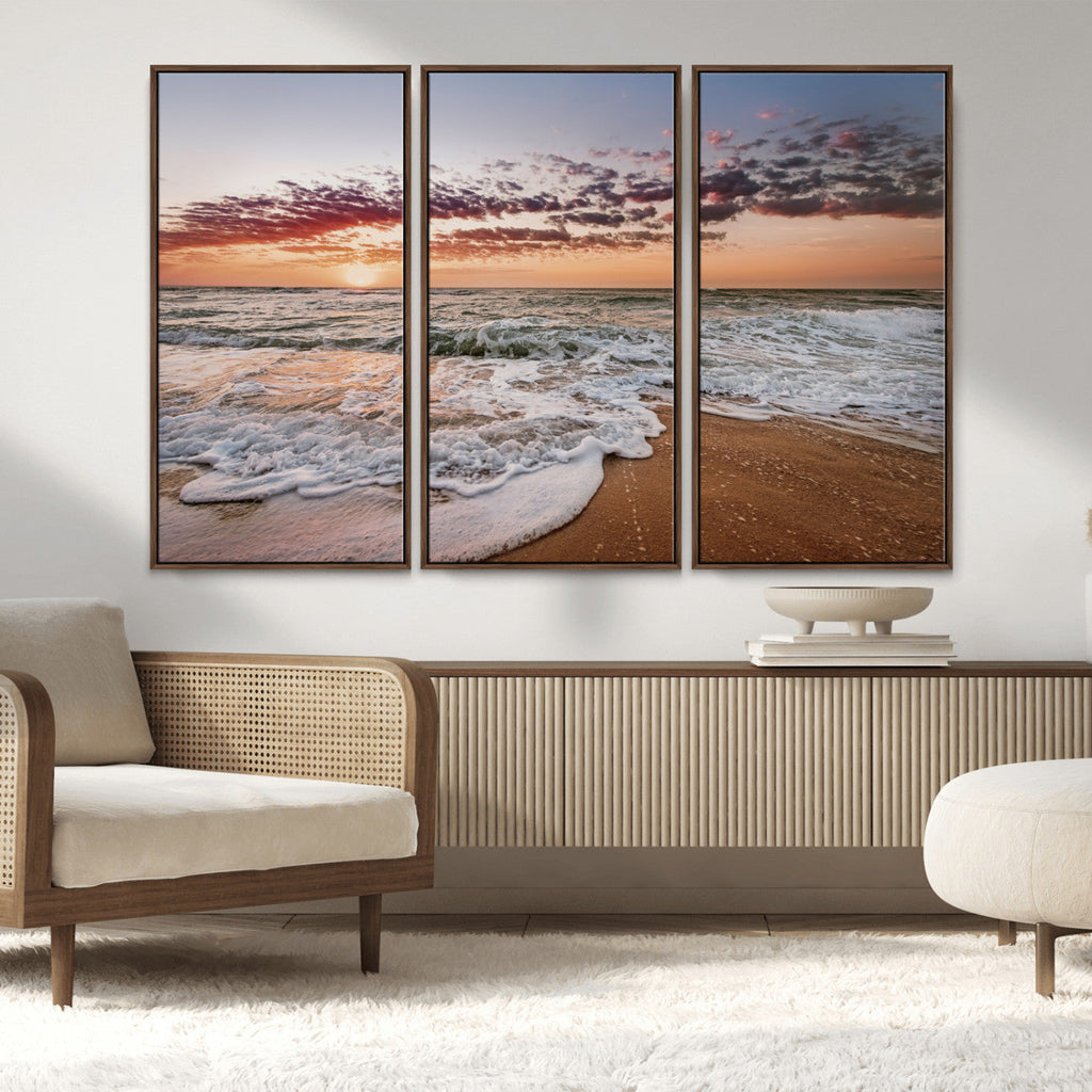 Ocean Sunset Wall Art Canvas Print | Sandy Shore and Gentle Waves