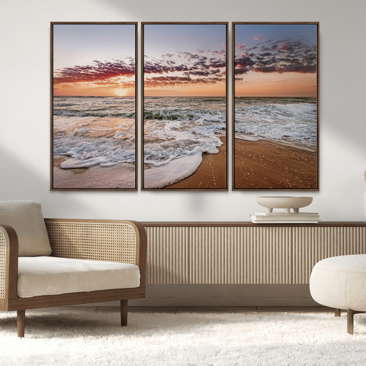 Ocean Sunset Wall Art Canvas Print | Sandy Shore and Gentle Waves