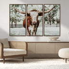 Texas Longhorn Wall Art Canvas Print | Framed Spotted Brown and White Bull