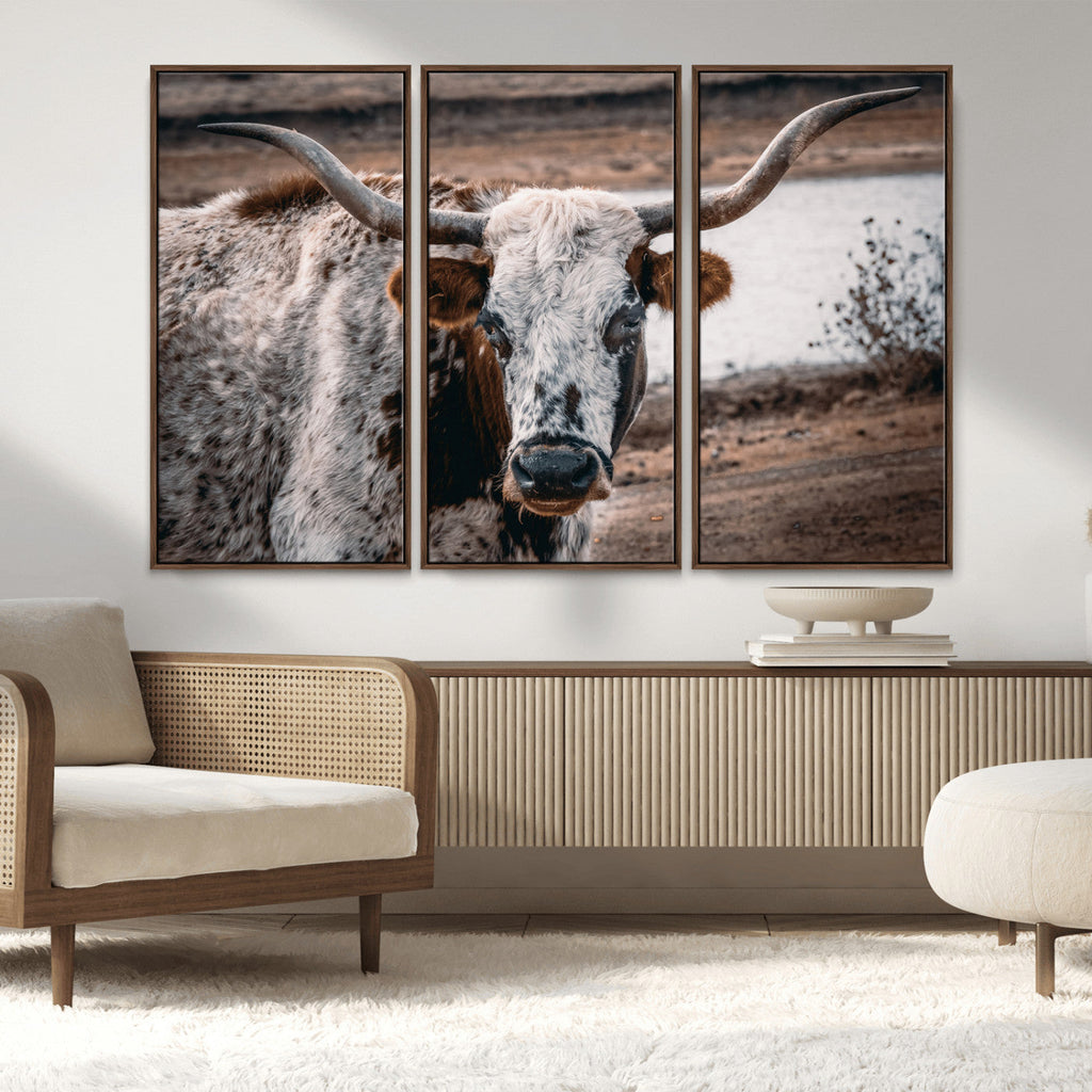 Texas Longhorn Wall Art Canvas Print | Framed Brown and White Spotted Longhorn