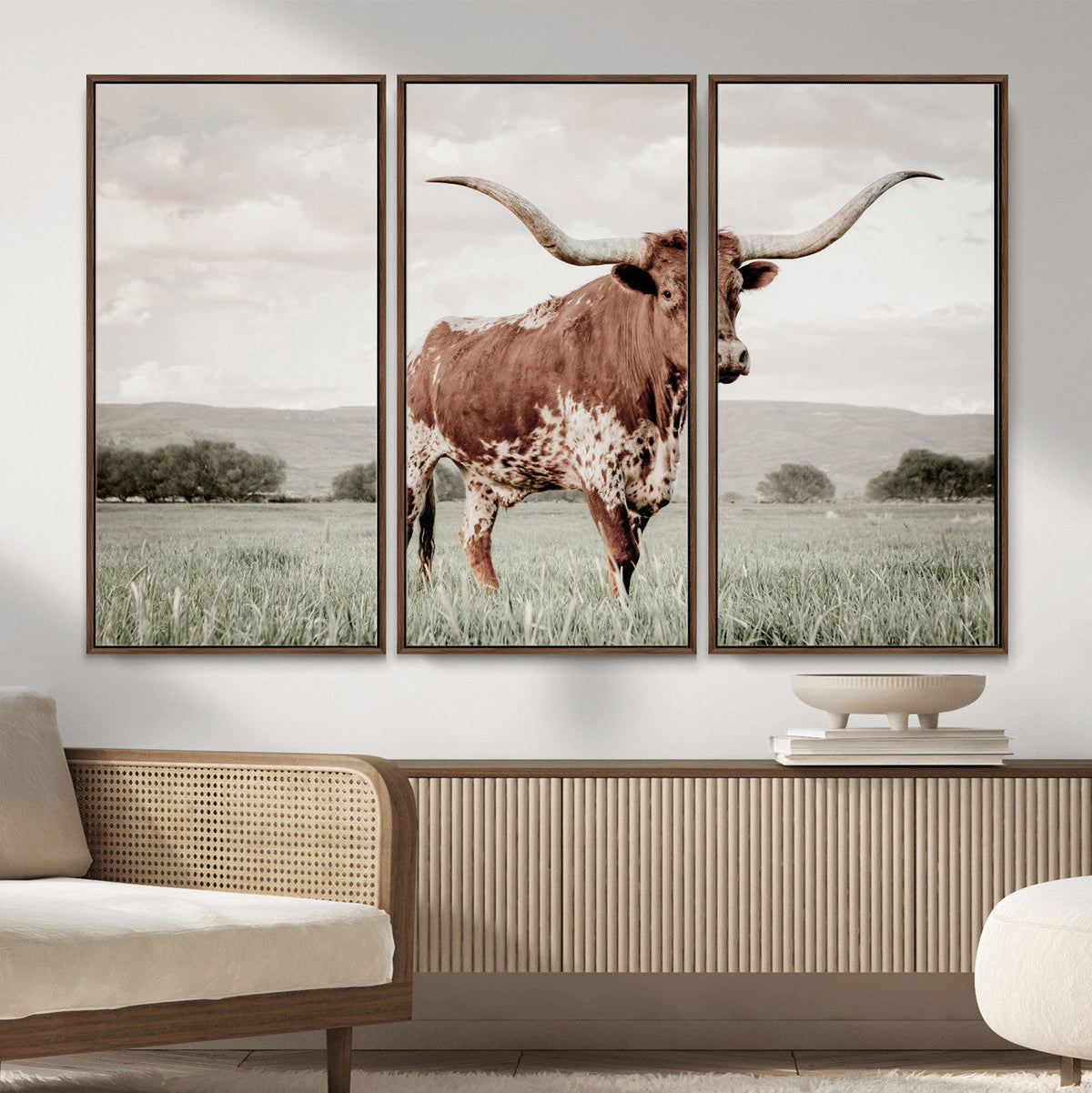 Texas Longhorn Wall Art | Framed Spotted Cattle Canvas