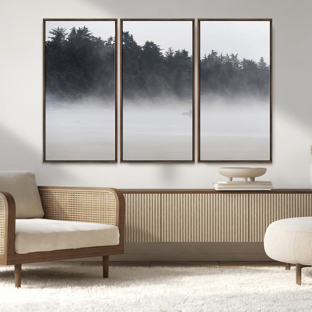 Surfer Fog Wall Art Canvas Print, Framed Foggy Beach and Coastal Surf Scene