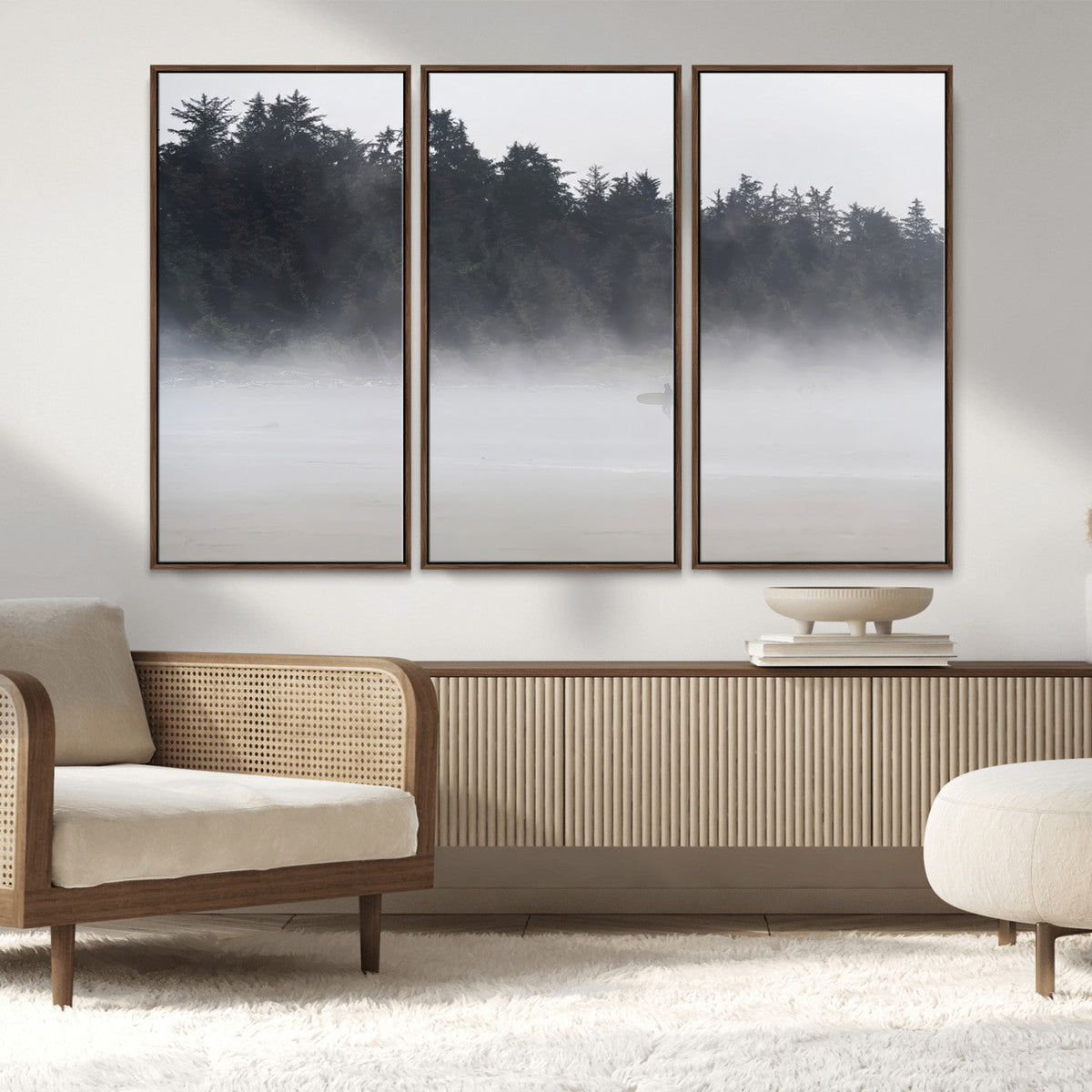 Surfer Fog Wall Art Canvas Print, Framed Foggy Beach and Coastal Surf Scene