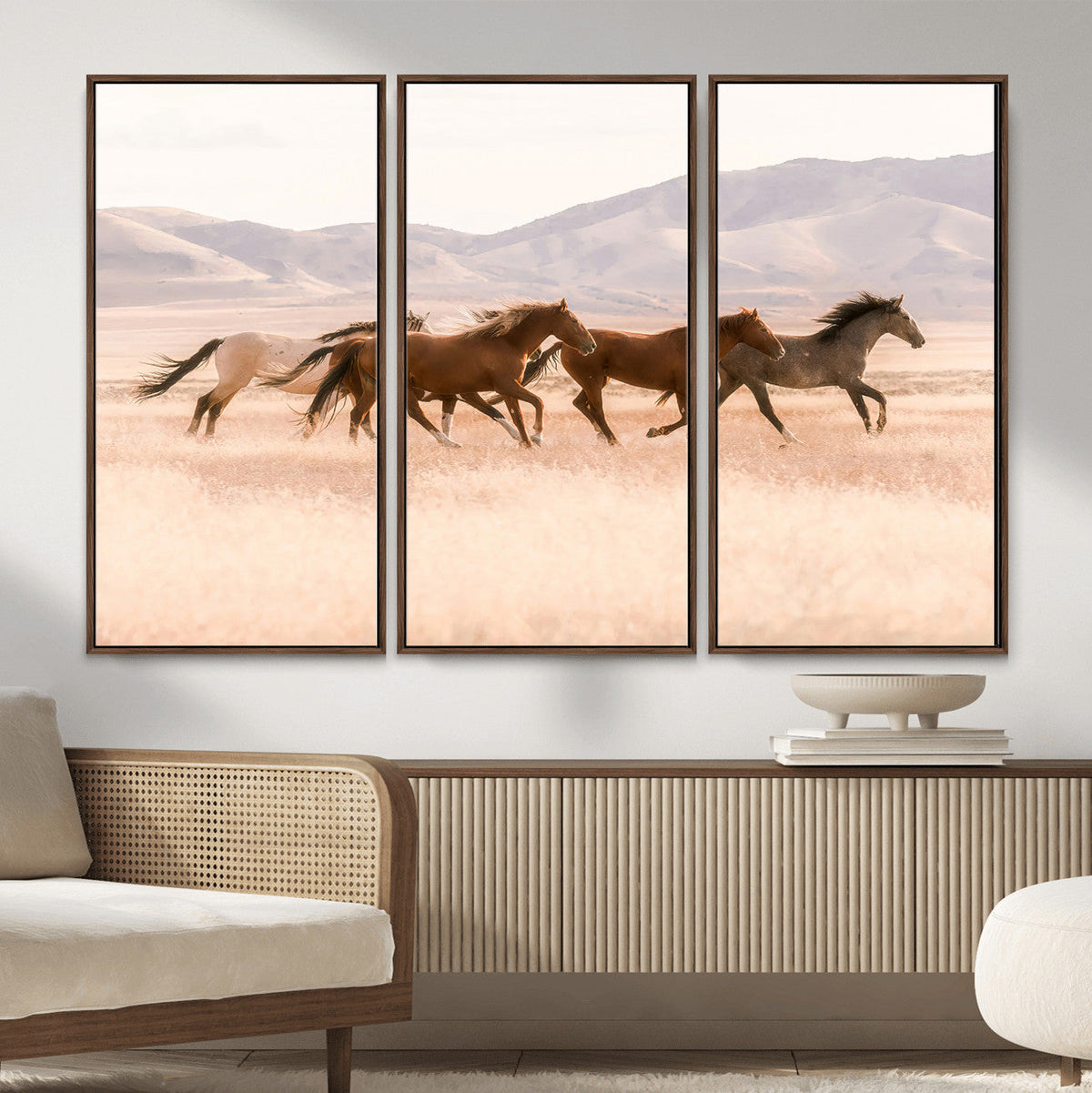 Wild Horse Wall Art Canvas Print, Framed Rustic Western Art, Desert Horse Scene