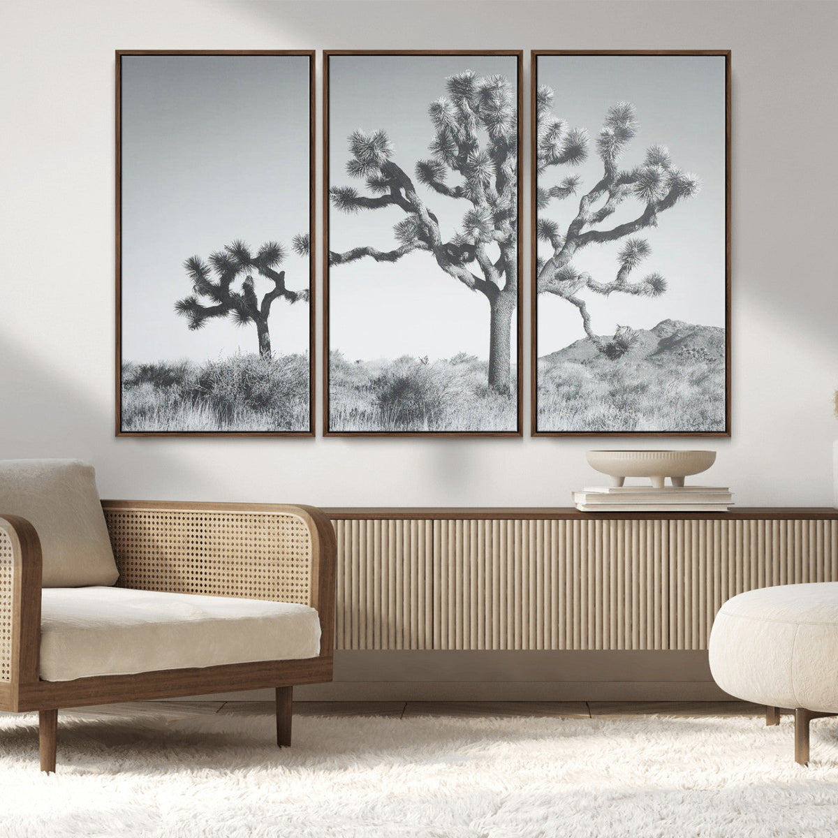 Joshua Tree Wall Art Canvas Print, Framed Black and White Desert Landscape Artwork