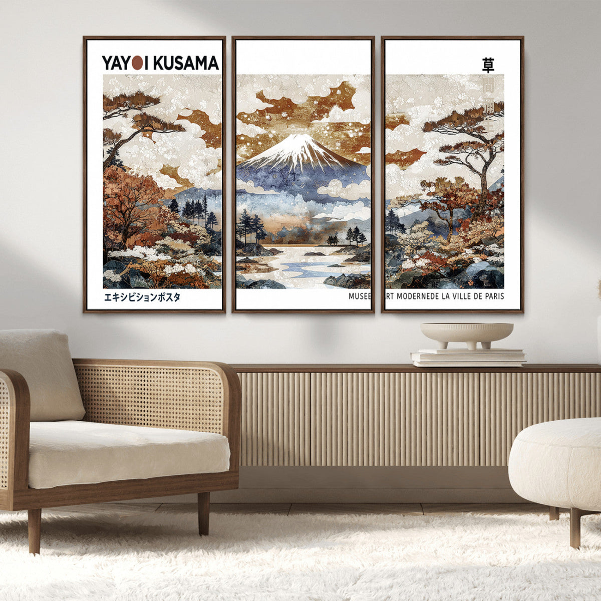 Modern Japanese Mount Fuji Canvas Art Print, Yayoi Kusama Wall Art, Framed Abstract Japanese Landscape