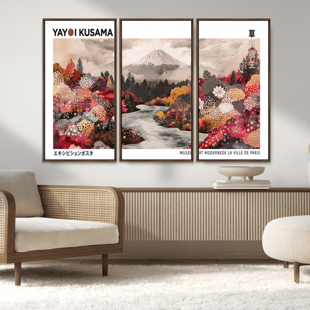 Modern Japanese Wall Art Canvas Print, Framed Abstract Mount Fuji Art, Yayoi Kusama Japanese Landscape