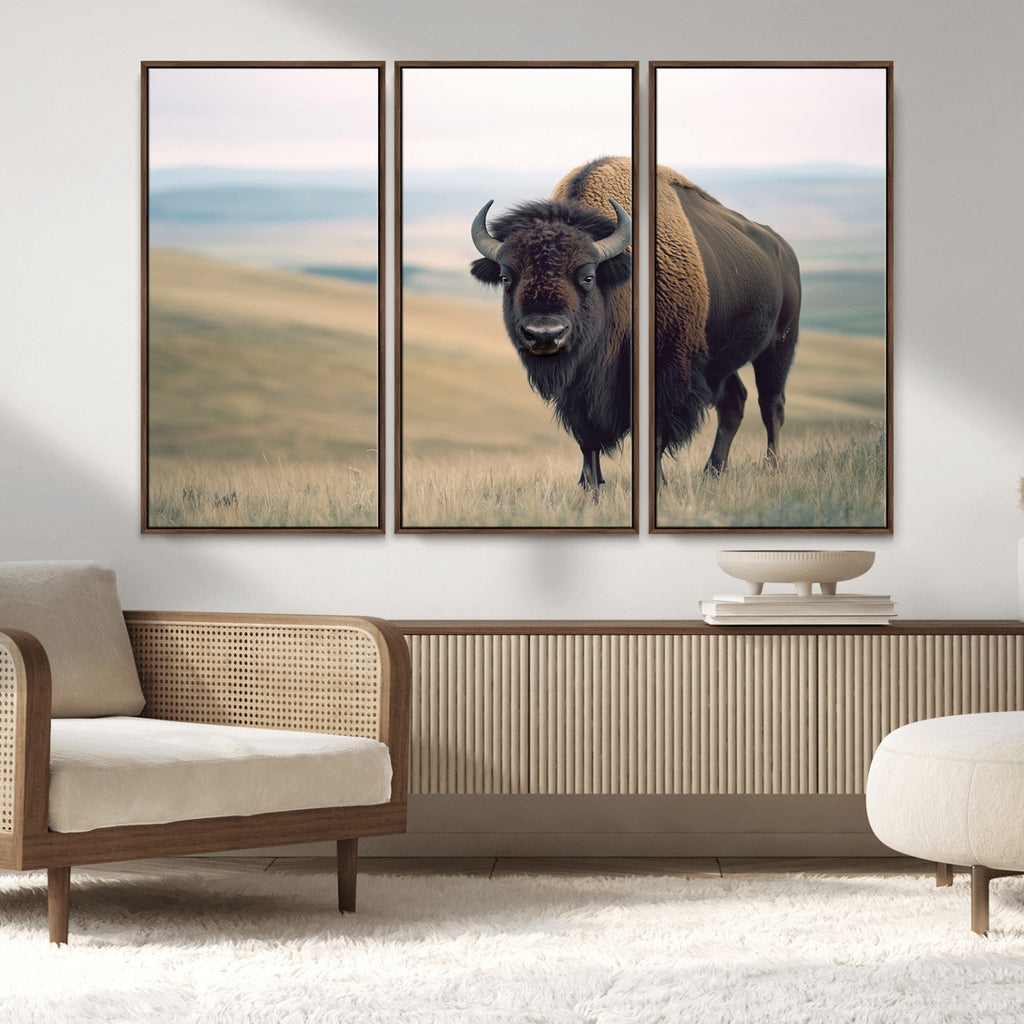 Bison Wall Art Canvas Print, Framed American Buffalo Rustic Western Artwork