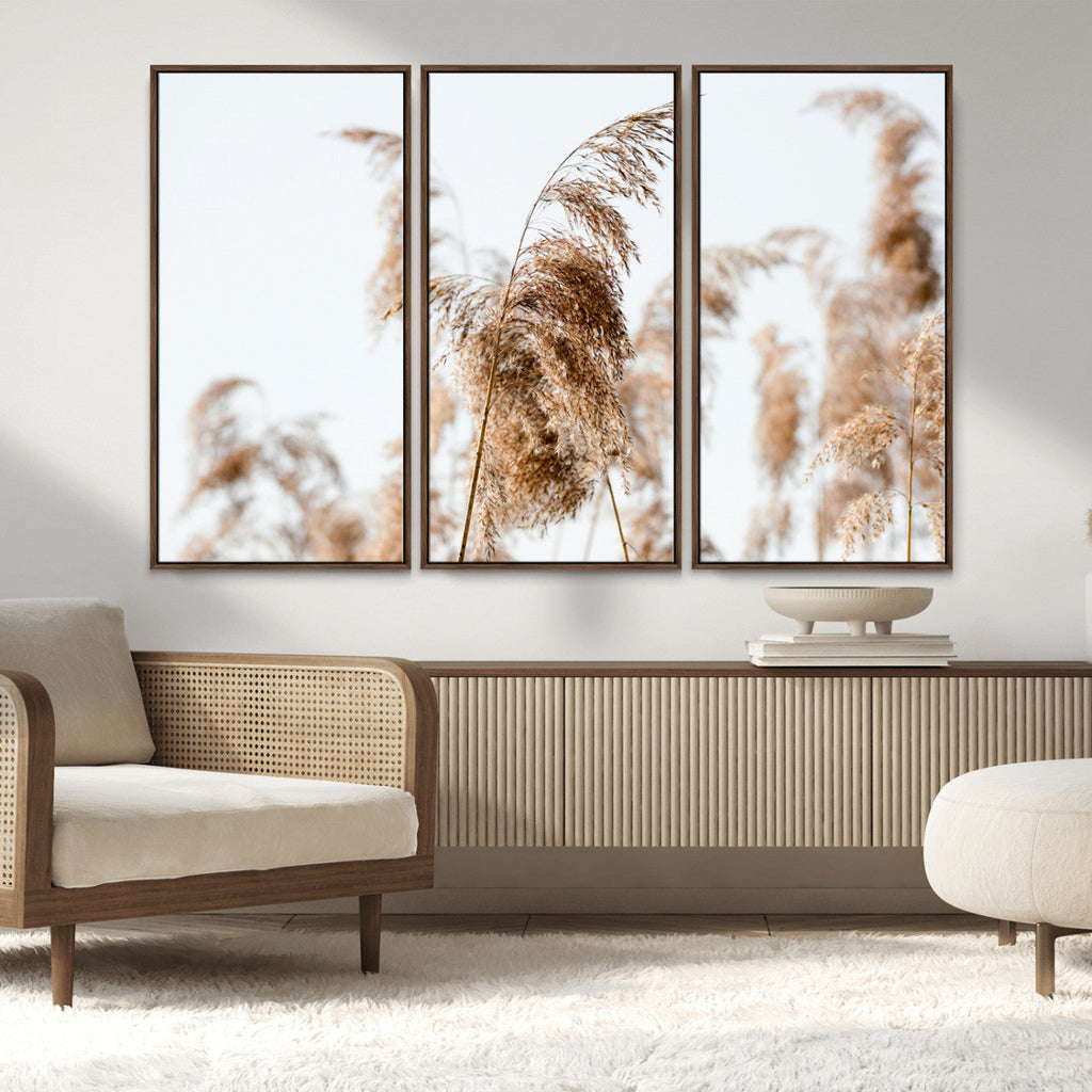 Pampas Grass Wall Art Canvas Print, Framed Neutral Tones Minimalist Boho