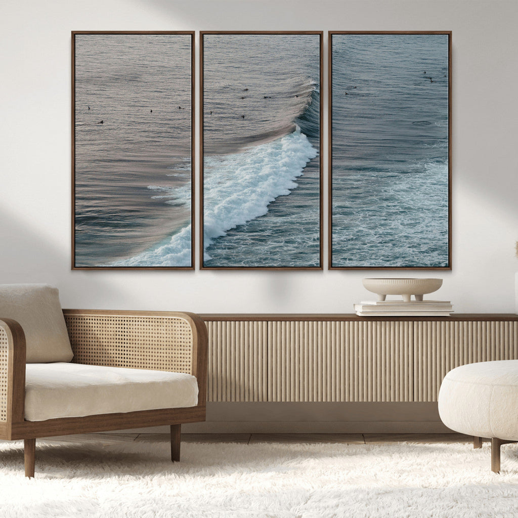 Ocean Waves Wall Art Canvas Print, Framed Coastal Serenity Surf Scene