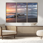 Golden Hour Wall Art Canvas Print, Framed Tranquil Waves Beach Sunset