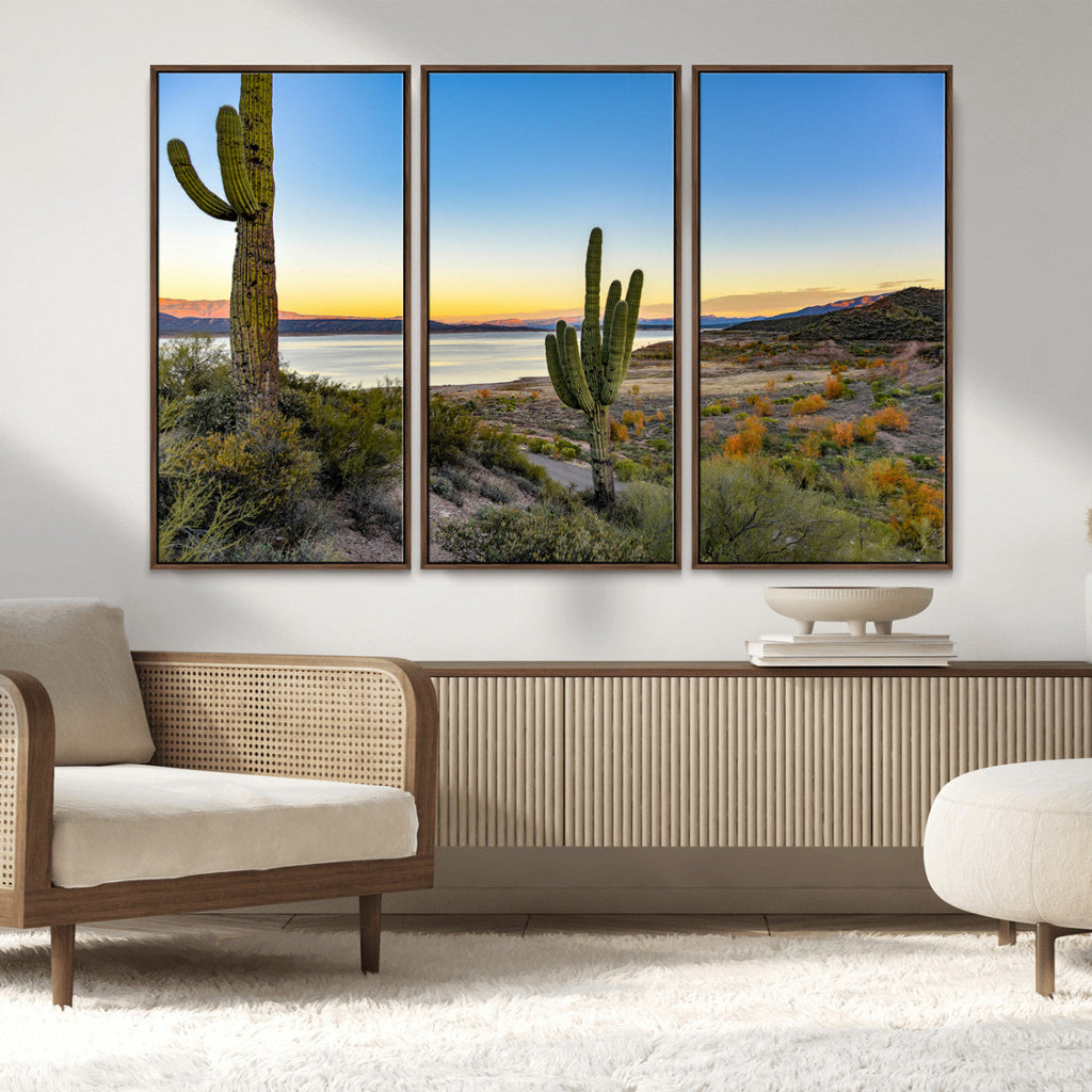 Saguaro Cactus Wall Art Canvas Print, Framed Desert Sunset Southwestern
