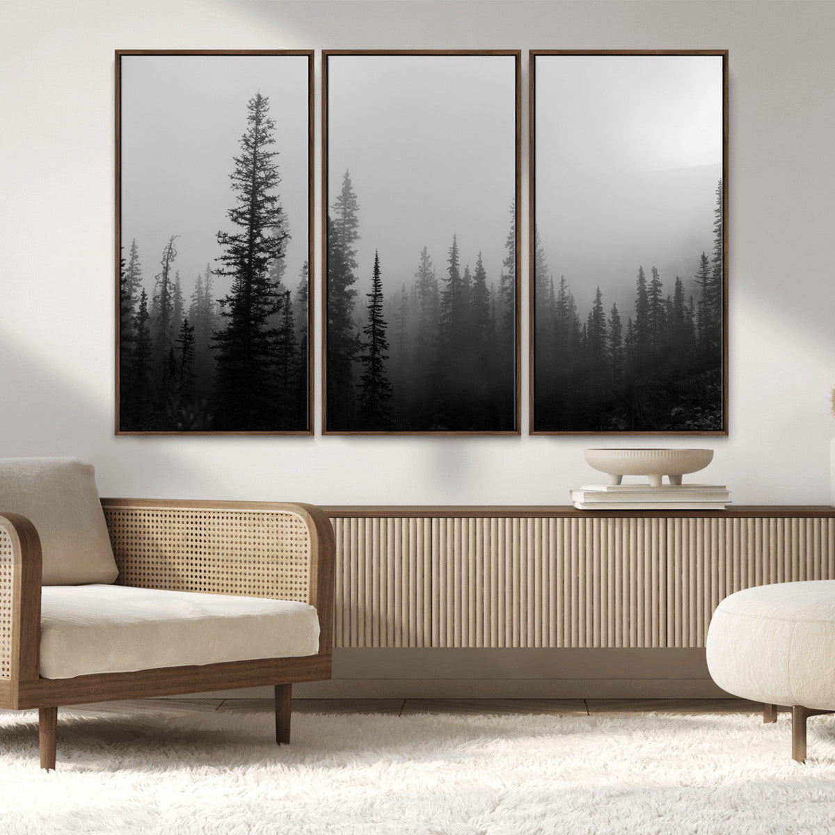 Misty Pines Wall Art Canvas Print, Framed Woodland Minimalist Black and White