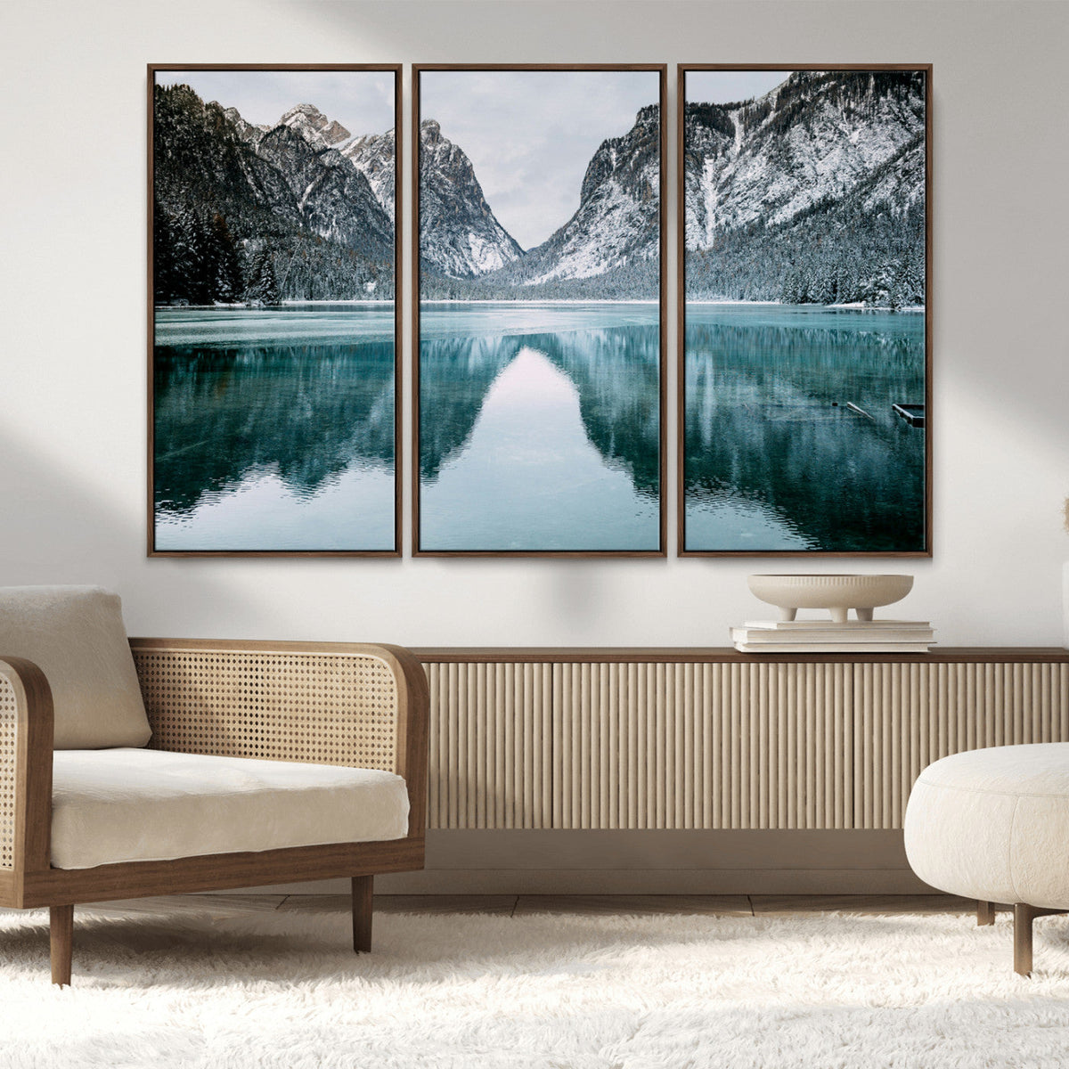 Mountain Lake Wall Art Canvas Print, Framed Toblacher See Winter Wonderland