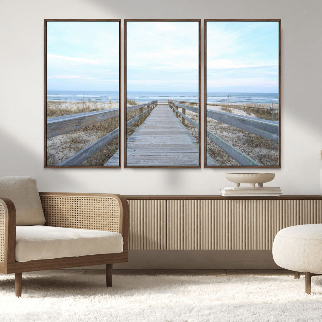 Beach Boardwalk Wall Art Canvas Print, Framed Coastal Serenity Ocean View