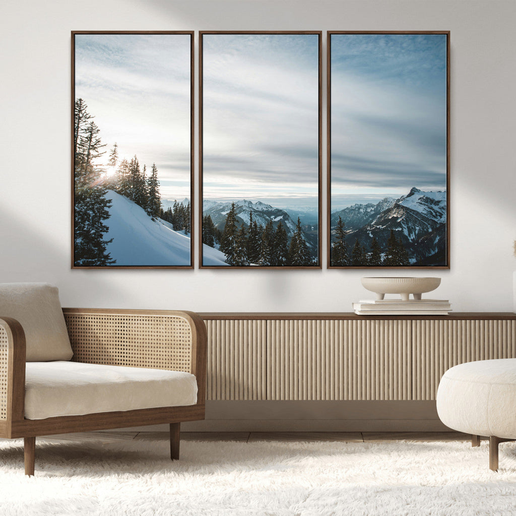 Snowy Mountains Wall Art Canvas Print, Framed Alpine Landscape Frosty Peaks Artwork