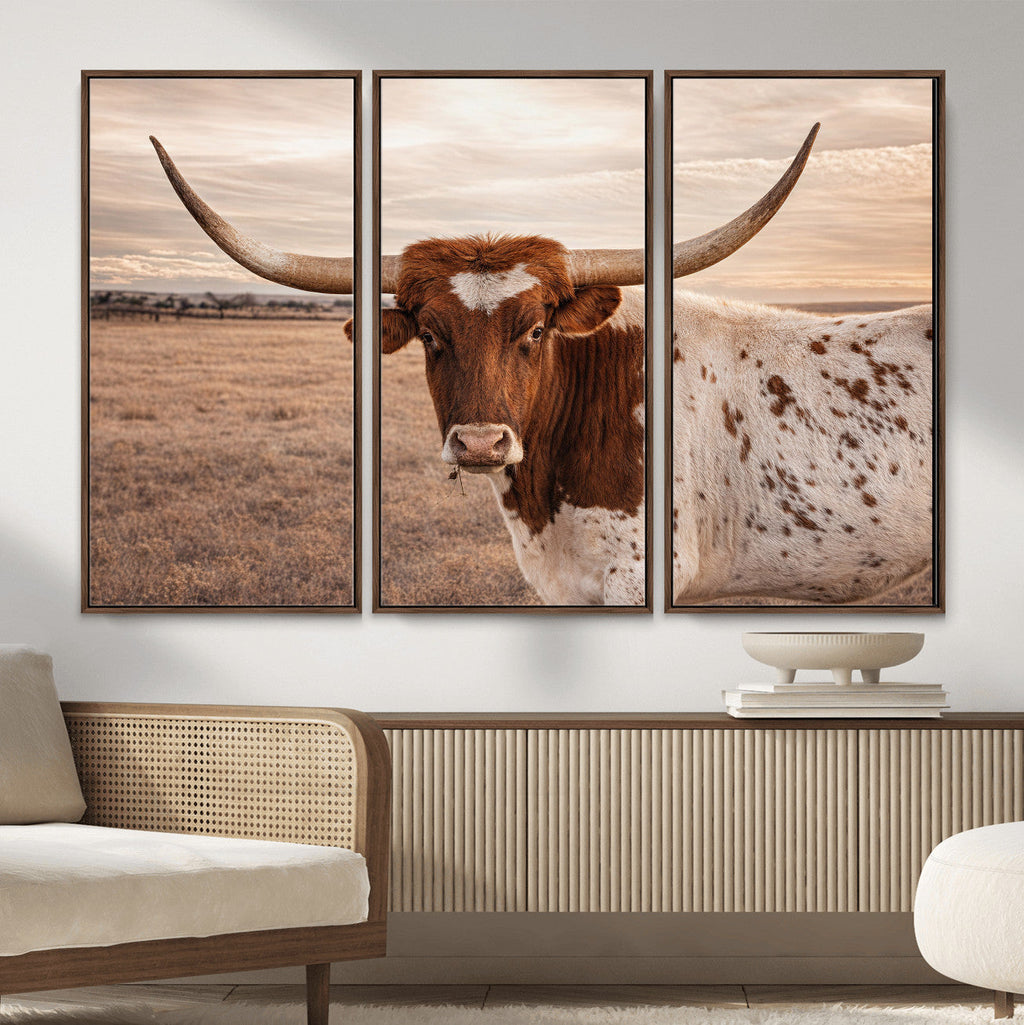 Texas Longhorn Cow Canvas Wall Art, Majestic Bull on a Rustic Western Farm