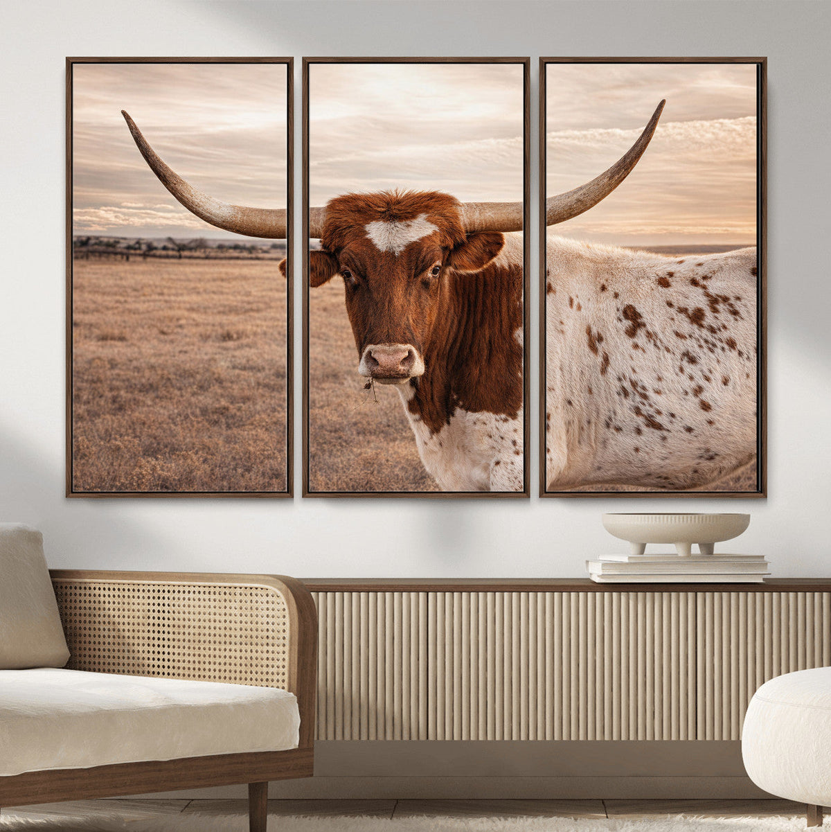 Texas Longhorn Cow Canvas Wall Art, Majestic Bull on a Rustic Western Farm