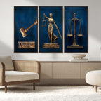 Lady Justice Wall Art Canvas Print, Elegant Gold Legal Symbols on Blue, Law Office Decor