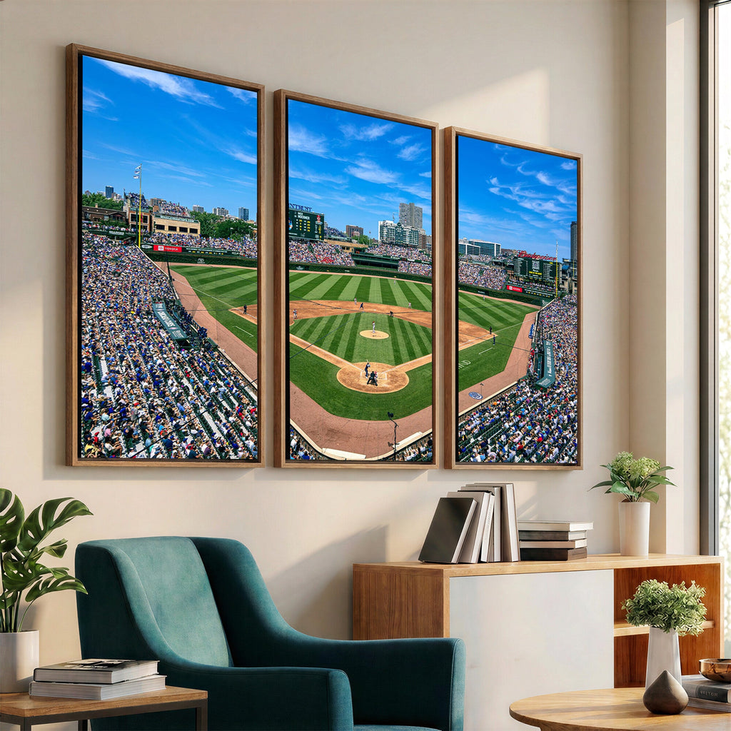 Wrigley Field Baseball Stadium Canvas Wall Art, Packed Crowd and Chicago Skyline