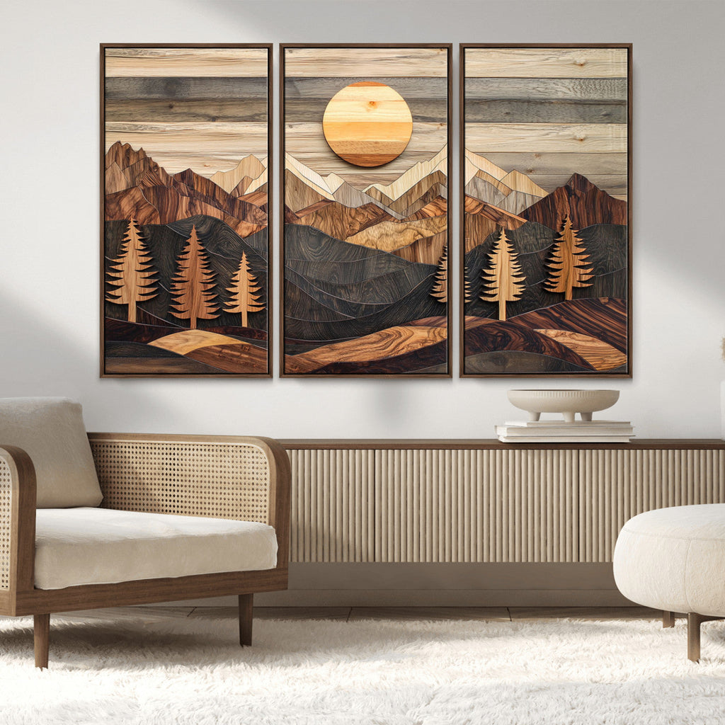 Wooden Mountain Layers Art | Rustic Pine Tree Landscape
