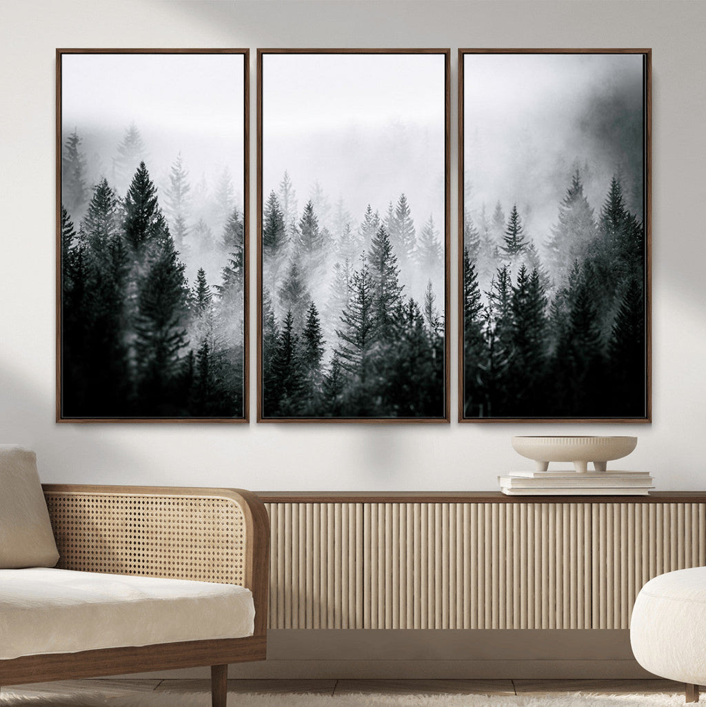 Foggy Forest Wall Art Canvas Print, Mountain Woodland Landscape, Minimal Nature Decor