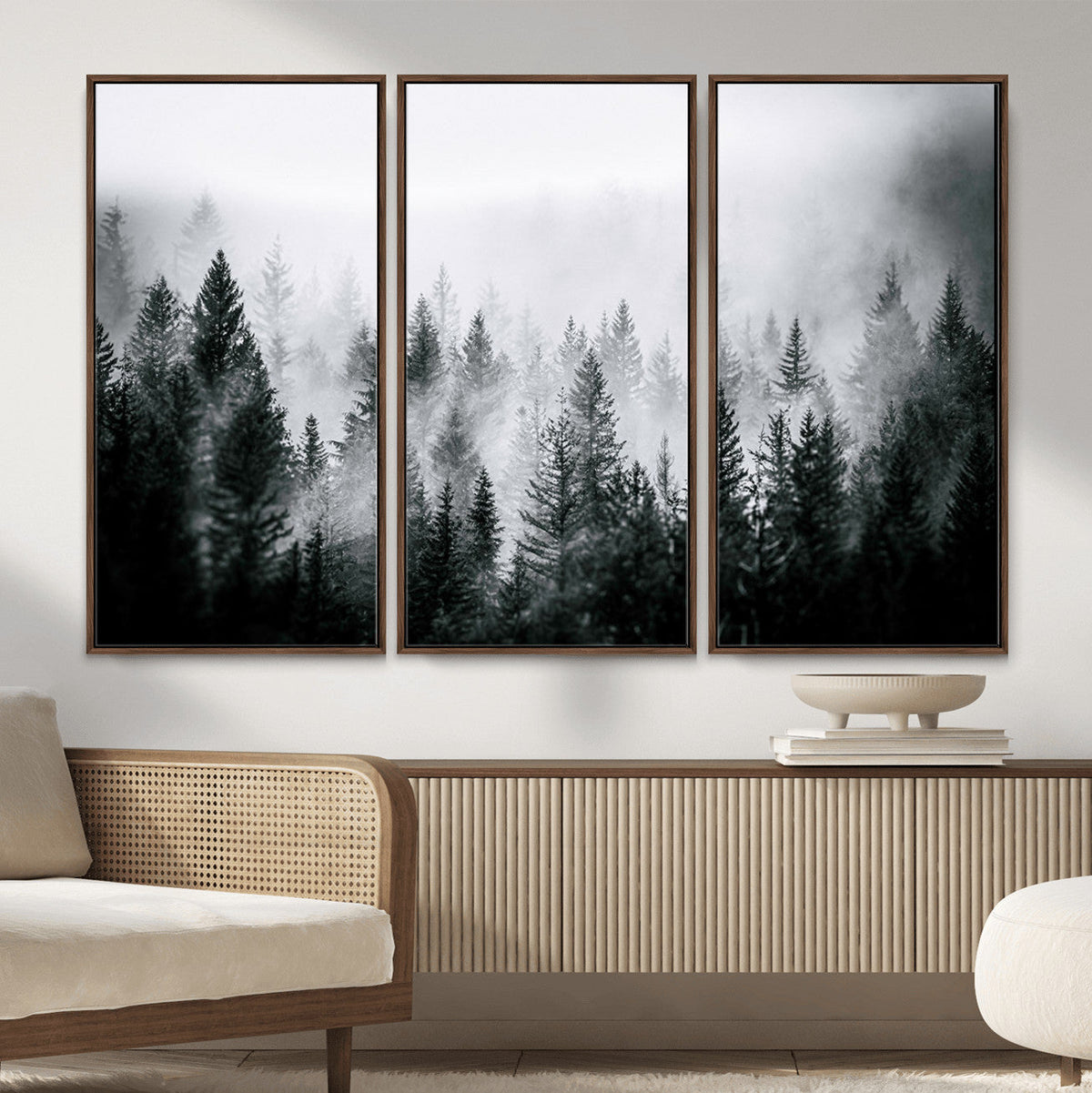 Foggy Forest Wall Art Canvas Print, Mountain Woodland Landscape, Minimal Nature Decor