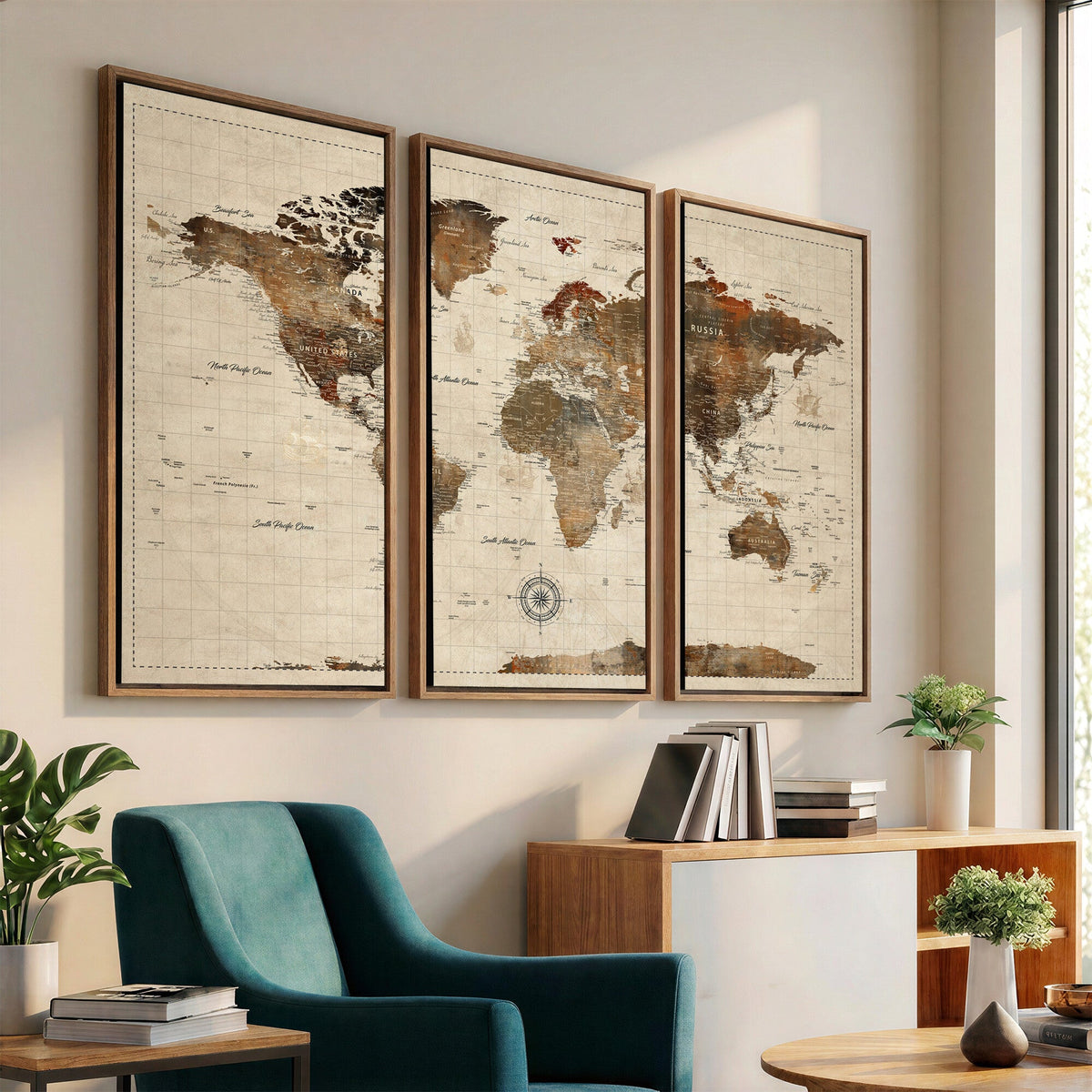 Vibrant Earth Tone World Map Canvas Print | Framed Detailed Map of the World