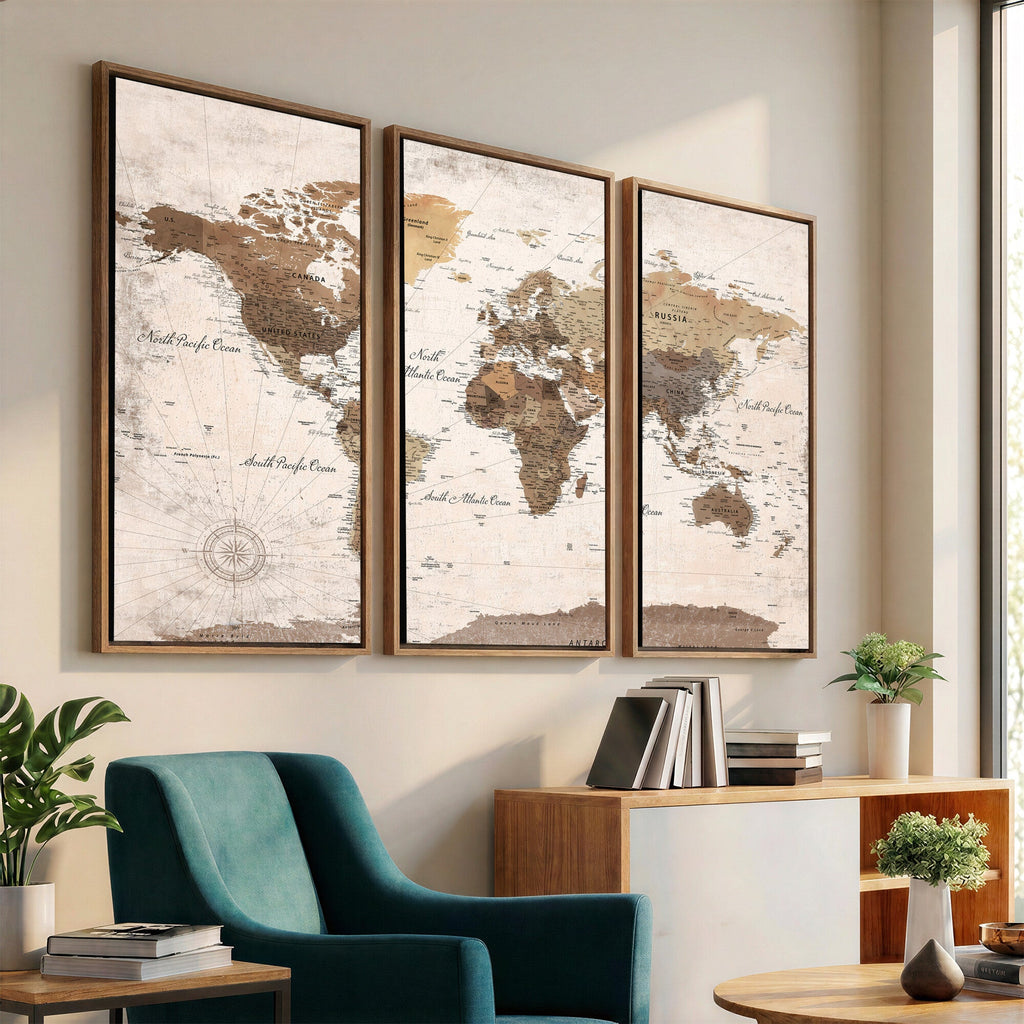 Modern World Map Canvas Print | Framed Travel Map Wall Art