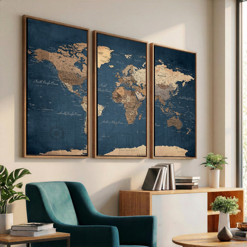 Navy Blue World Map Canvas Print | Framed Travel Map Wall Art