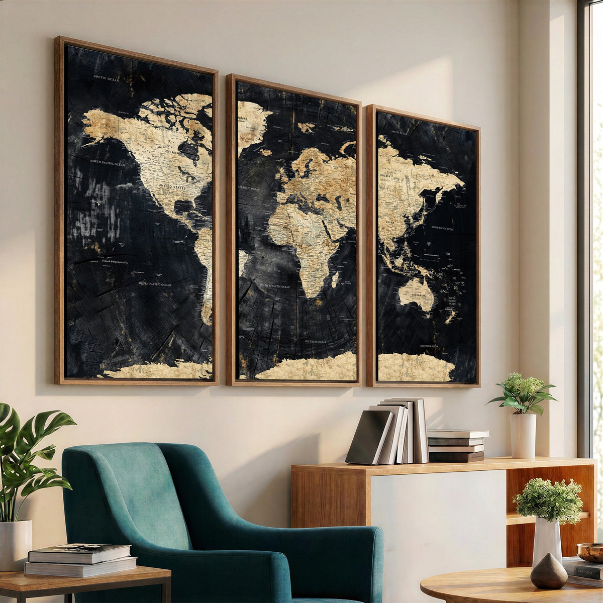 Framed Large World Map Wall Art Canvas Print for Living Room