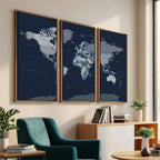 Blue Detailed World Map Wall Art Canvas Print | Modern Framed Map