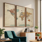 Vintage World Map Canvas Wall Art Print | Framed Modern World Map