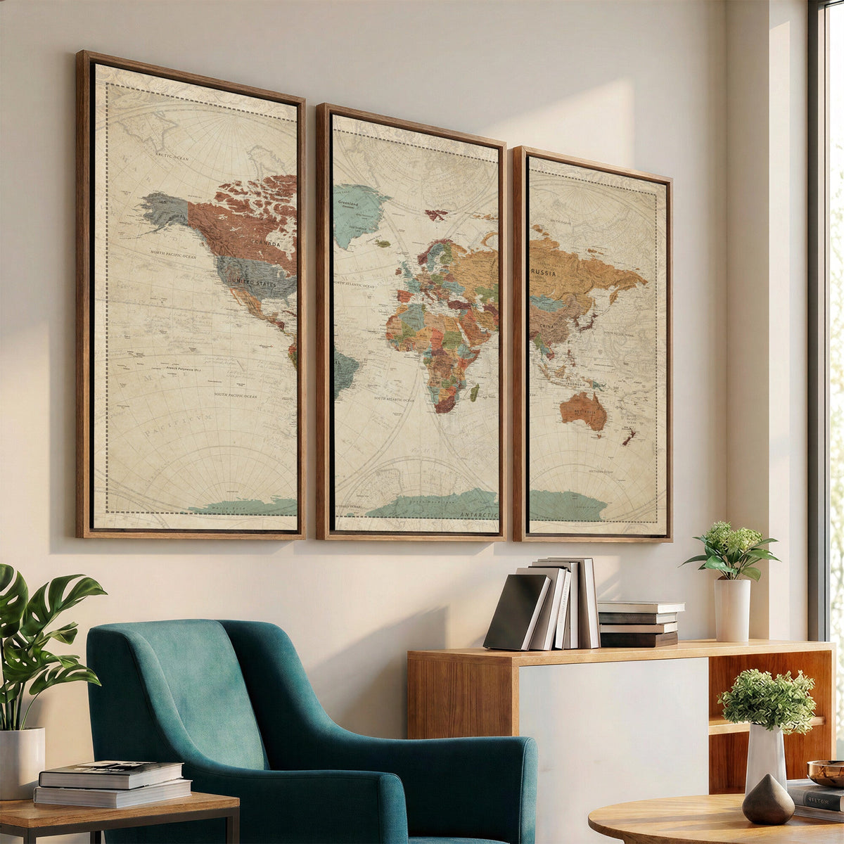 Vintage World Map Canvas Wall Art Print | Framed Modern World Map